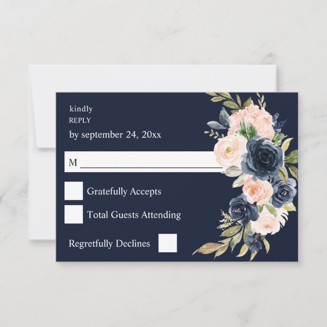 Navy Blue & Blush Pink Floral no Meal UAWG - Marin RSVP Karte (Vorderseite)