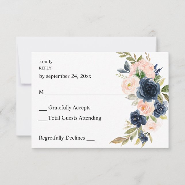 Navy Blue & Blush Pink Floral UAWG RSVP Karte (Vorderseite)