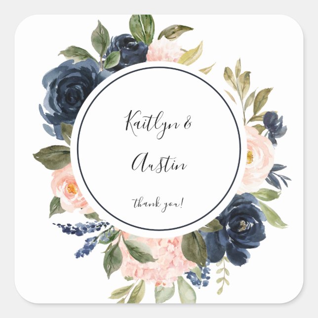 Navy Blue & Blush Pink Floral Vielen Dank Quadratischer Aufkleber (Vorderseite)