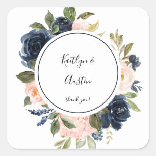 Navy Blue & Blush Pink Floral Vielen Dank Quadratischer Aufkleber