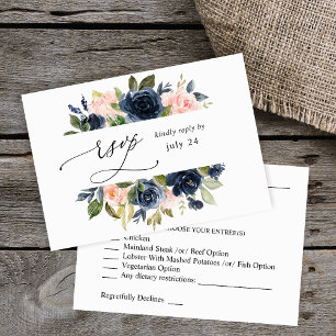 Navy Blue & Blush Pink Floral w Meal UAWG RSVP Karte