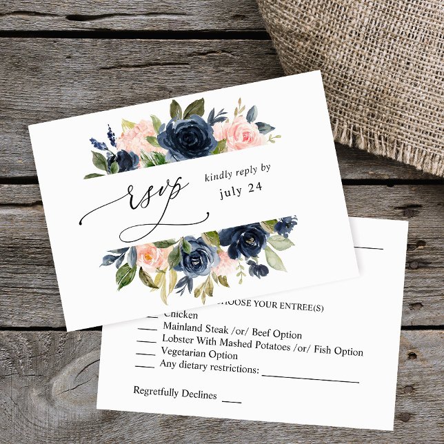Navy Blue & Blush Pink Floral w Meal UAWG RSVP Karte (Von Creator hochgeladen)