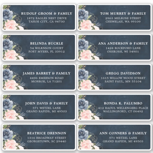 Navy Blue Blush Pink Floral Wedding Guest Address Aufkleber (Vorderseite)