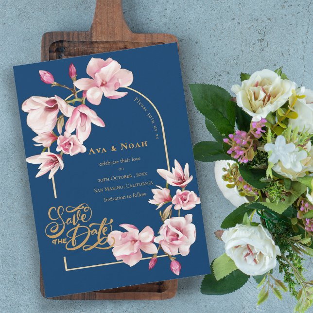 Navy Blue Blush Pink Magnolia Floral Save the Date Einladung (Navy Blue Blush Pink Magnolia Floral Save the Date Invitation)