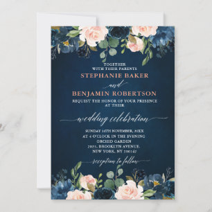 Navy Blue Blush Pink Rose Boho Einladung Hochzeit