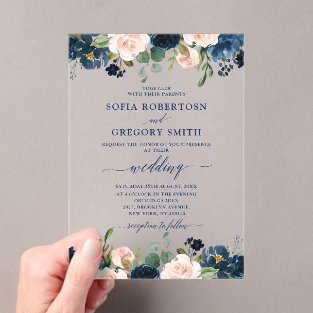 Navy Blue Blush Pink Rose Boho Hochzeit Acryleinladungen (Insitu (Handheld))