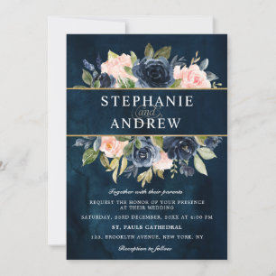 Navy Blue Blush Pink Rose Boho Hochzeit Einladung