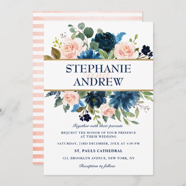 Navy Blue Blush Pink Rose Boho Hochzeit Einladung (Vorne/Hinten)