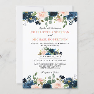 Navy Blue Blush Pink Rose Boho Hochzeit Einladung