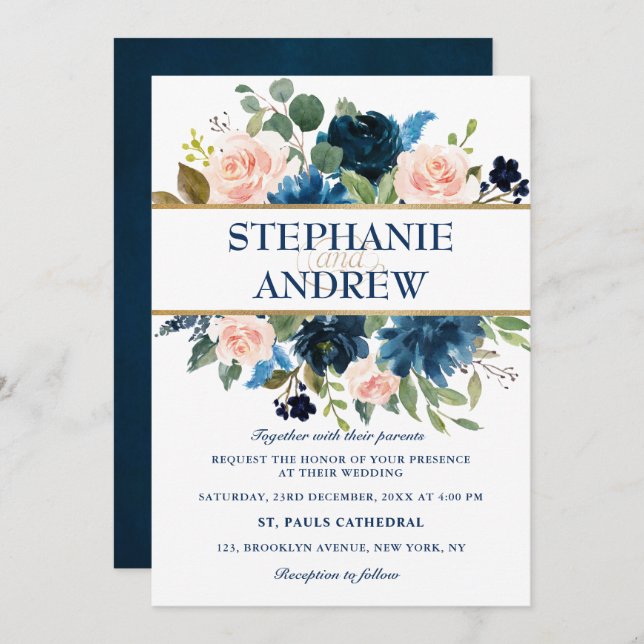 Navy Blue Blush Pink Rose Boho Hochzeit Einladung (Vorne/Hinten)