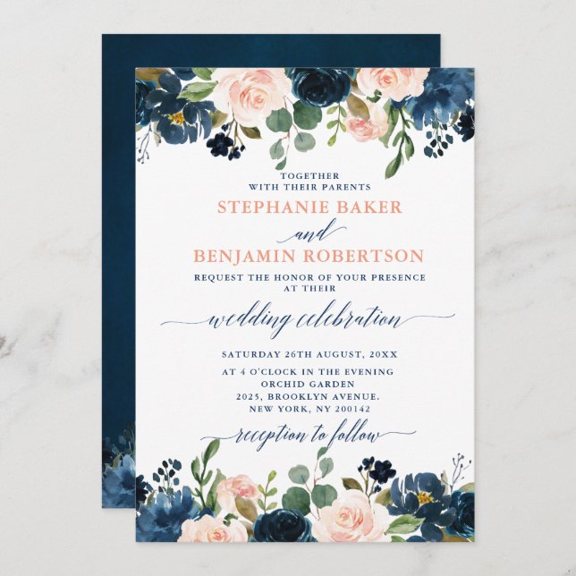 Navy Blue Blush Pink Rose Boho Hochzeit Einladung (Vorne/Hinten)