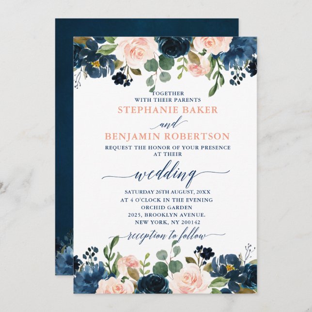 Navy Blue Blush Pink Rose Boho Hochzeit Einladung (Vorne/Hinten)