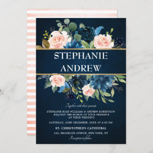 Navy Blue Blush Pink Rose Boho Hochzeit Einladung
