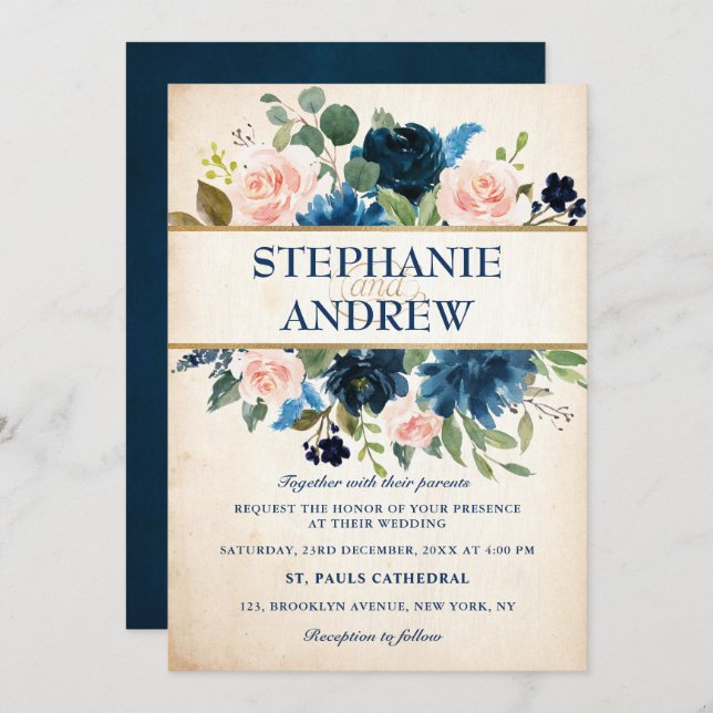 Navy Blue Blush Pink Rose Boho Hochzeit Einladung (Vorne/Hinten)