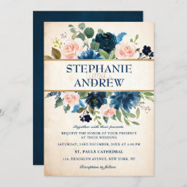 Navy Blue Blush Pink Rose Boho Hochzeit Einladung