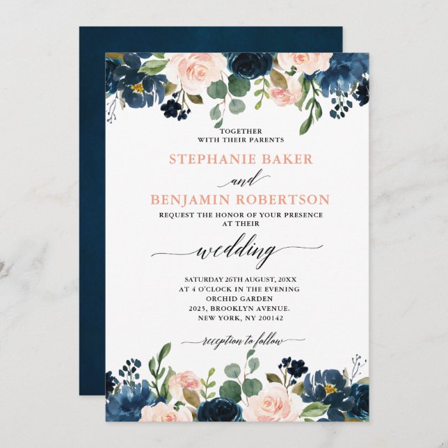 Navy Blue Blush Pink Rose Boho Hochzeit Einladung (Vorne/Hinten)