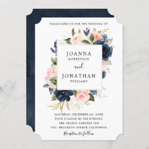 Navy Blue Blush Pink Rose Boho Hochzeit Einladung