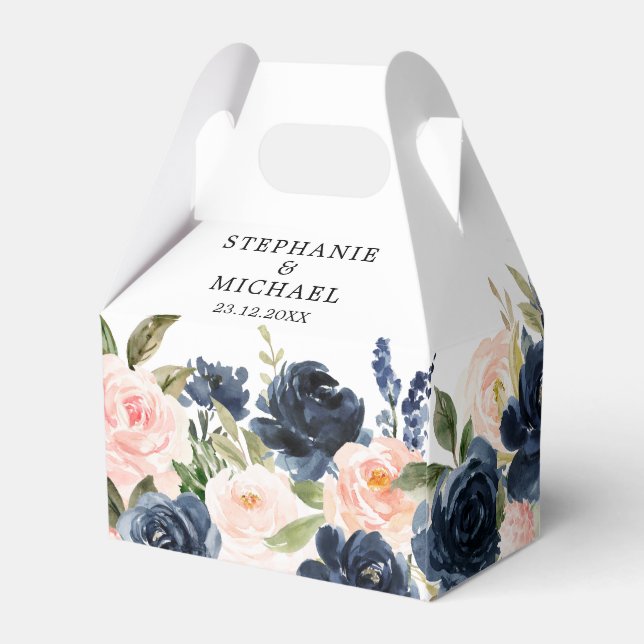 Navy Blue Blush Pink Rose Boho Hochzeit Geschenkschachtel (Rückseite)