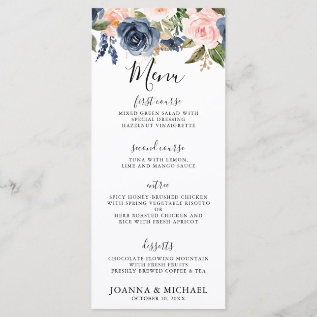 Navy Blue Blush Pink Rose Boho Hochzeit Menükarte (Vorderseite)