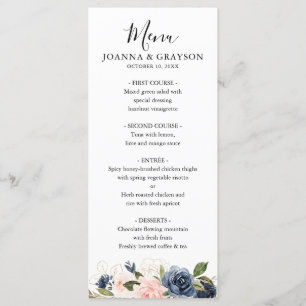 Navy Blue Blush Pink Rose Boho Hochzeit Menükarte