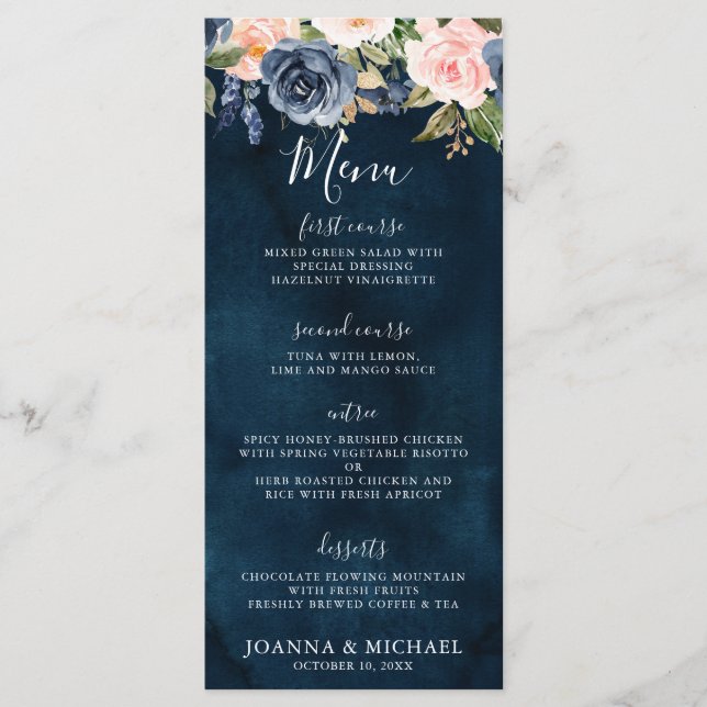 Navy Blue Blush Pink Rose Boho Hochzeit Menükarte (Vorderseite)