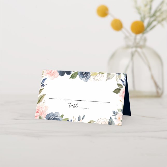 Navy Blue Blush Pink Rose Boho Hochzeit Platzkarte (Vorderseite)