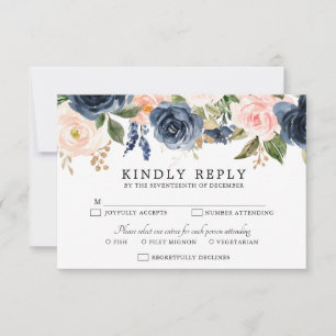 Navy Blue Blush Pink Rose Boho Hochzeit RSVP Karte