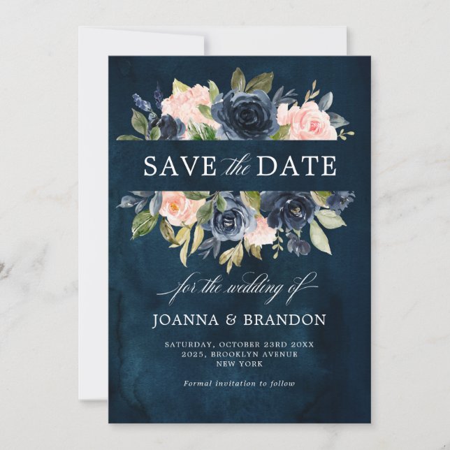 Navy Blue Blush Pink Rose Boho Hochzeit Save The Date (Vorderseite)
