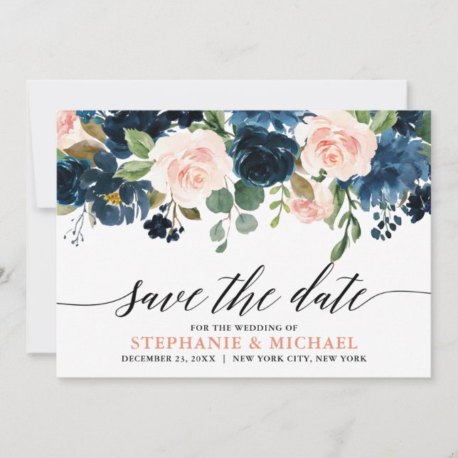 Navy Blue Blush Pink Rose Boho Hochzeit Save The Date (Vorderseite)