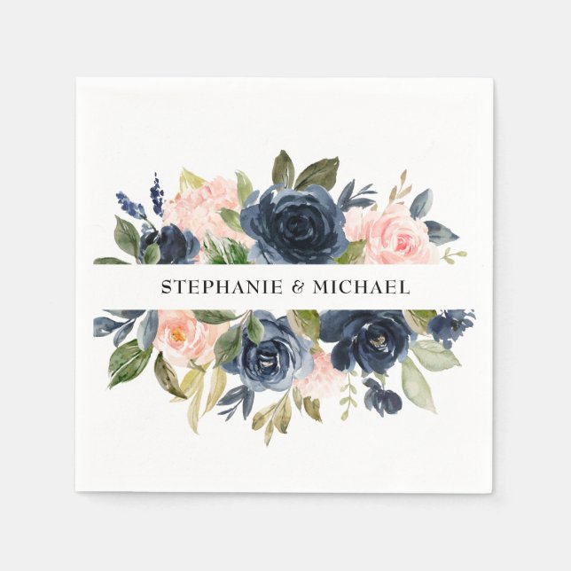 Navy Blue Blush Pink Rose Boho Hochzeit Serviette (Vorderseite)