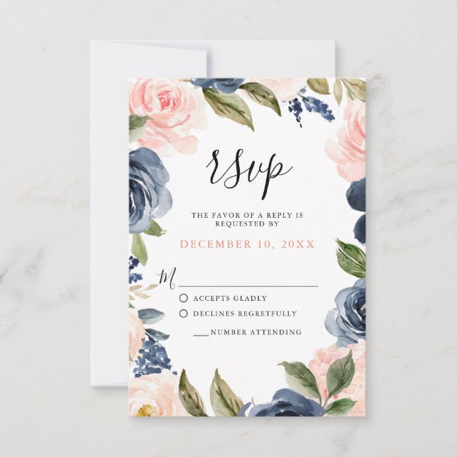 Navy Blue Blush Pink Rose Boho Wedding RSVP (Vorderseite)