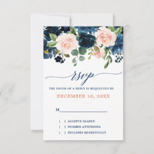 Navy Blue Blush Pink Rose Boho Wedding RSVP