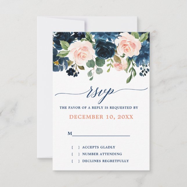 Navy Blue Blush Pink Rose Boho Wedding RSVP (Vorderseite)