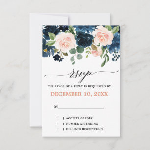 Navy Blue Blush Pink Rose Boho Wedding RSVP