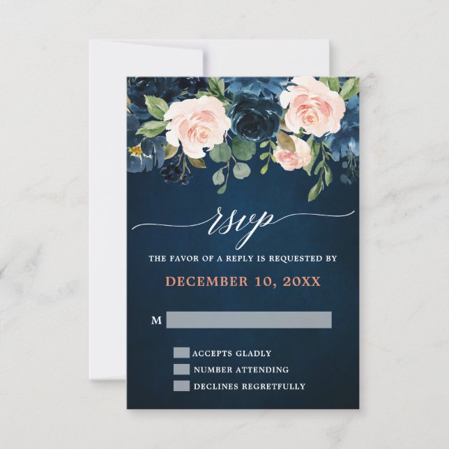 Navy Blue Blush Pink Rose Boho Wedding RSVP Karte (Vorderseite)