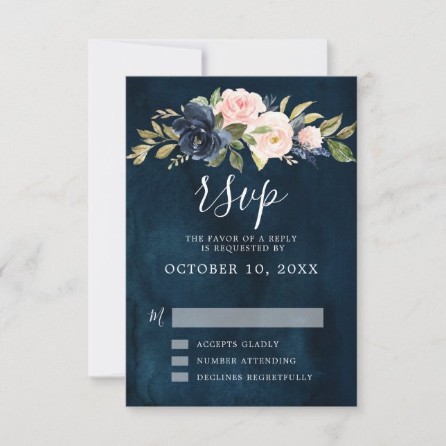 Navy Blue Blush Pink Rose Boho Wedding RSVP Karte (Vorderseite)