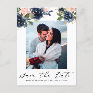 Navy Blue Blush Pink Rose String Lights Foto Ankündigungspostkarte