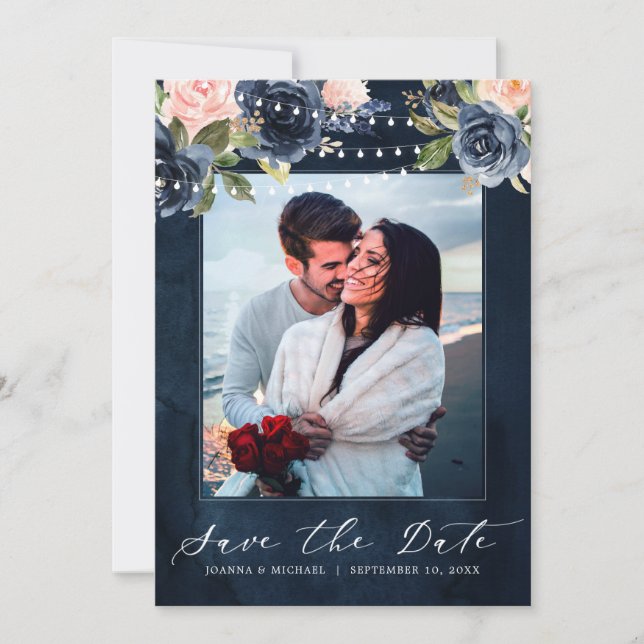 Navy Blue Blush Pink Rose String Lights Foto Save The Date (Vorderseite)