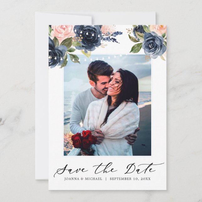 Navy Blue Blush Pink Rose String Lights Foto Save The Date (Vorderseite)