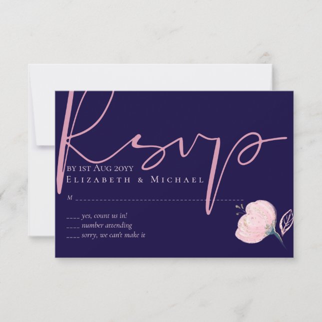 Navy Blue Blush Pink Rosegold Hochzeitbudget RSVP Karte (Vorderseite)