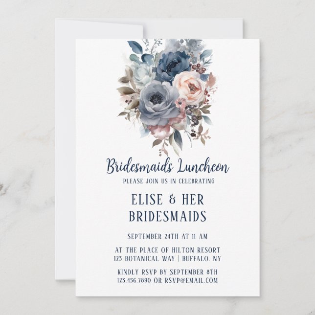Navy Blue Blush Pink Roses Bridesmaids Luncheon Einladung (Vorderseite)