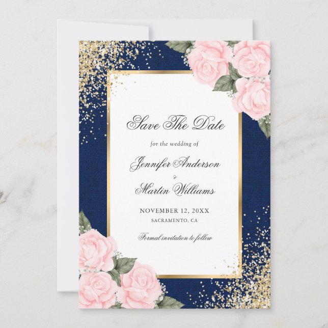 Navy Blue Blush Pink Roses Foto Save the Date (Vorderseite)
