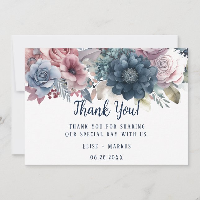 Navy Blue Blush Pink Roses Hochzeit Danke Karten (Vorderseite)