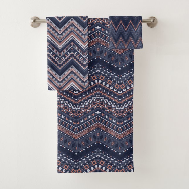 NAVY BLUE & BLUSH PINK TRIBAL ETHNIC PATTERN BADHANDTUCH SET (Insitu)