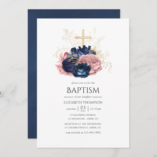 Navy Blue & Blush Pink Vintage Rose Taufe Einladung (Vorne/Hinten)