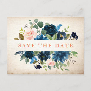 Navy Blue Blush Rosen Rustic Boho Save the Date Ankündigungspostkarte
