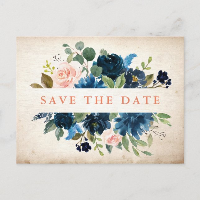 Navy Blue Blush Rosen Rustic Boho Save the Date Ankündigungspostkarte (Vorderseite)