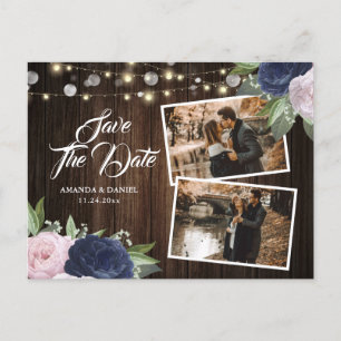 Navy Blue Blush Save the Date Foto Postcard Ankündigungspostkarte