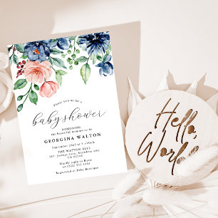 Navy Blue Blush Watercolor Floral Baby Shower-Einl Einladung