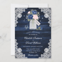 Navy Blue Blush Wood Lace Mason Jar Floral Wedding Einladung